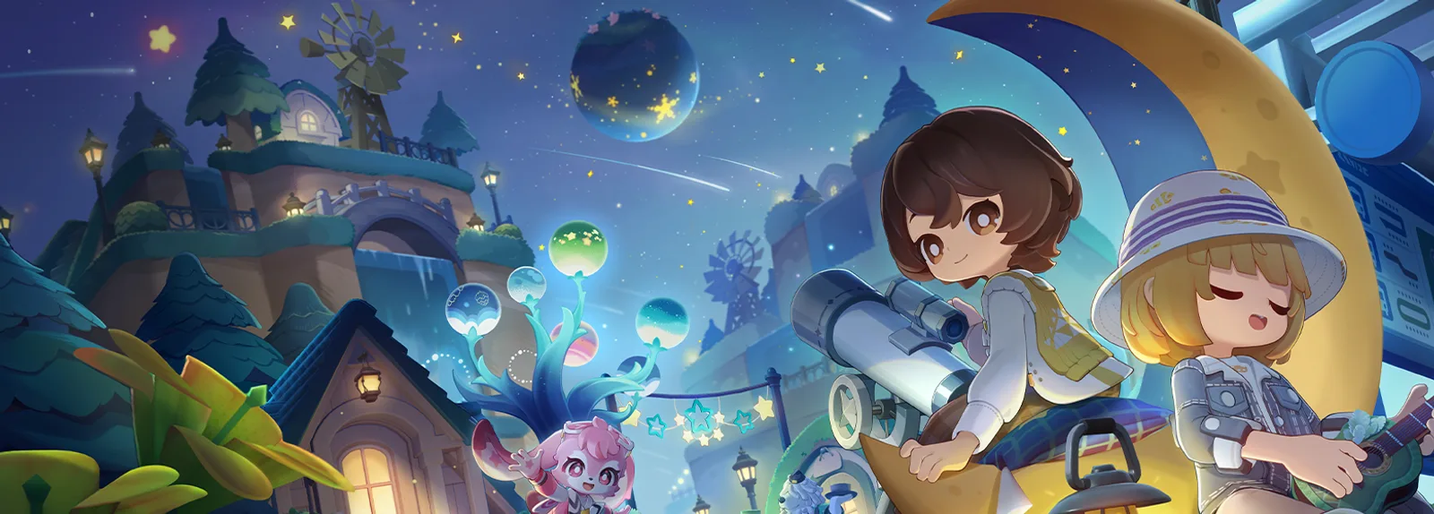 Petit Planet key art: two Planet Tenders on a crescent moon above a starlit town